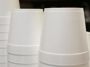 In this Feb. 14, 2013 file photo, polystyrene foam soup containers are stacked in a New York restaurant. Polystyrene, whether foamed or not, is notoriously difficult and expensive to recycle, Joe Schwarcz writes.