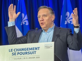 Premier François Legault announces expanded deposit-return system for bottles and other containers at press conference on Thursday, Jan. 30, 2020 in St-Sauveur.