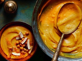 Yam and Coconut Curry Soup, from Amy Symington's Long Table Cookbook, is topped with roasted chickpeas.