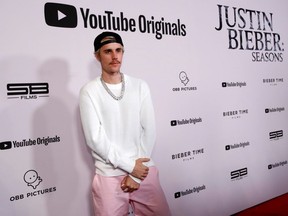 Singer Justin Bieber poses at the premiere for the documentary television series "Justin Bieber: Seasons" in Los Angeles on Jan.27, 2020.