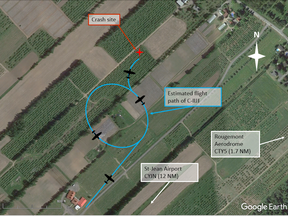 Approximation of the flight path of an ultralight aircraft that crashed in Rougemont on July 1, 2019.