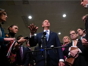 U.S. House of Representatives Intelligence Committee Chairman Adam Schiff and other House impeachment managers speak to reporters on the fourth day of the Senate impeachment trial of U.S. President Donald Trump at the U.S. Capitol in Washington, on Friday, Jan. 24, 2020.