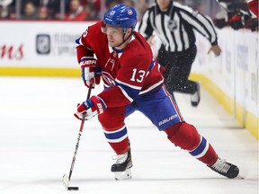 Montreal Canadiens' Max Domi handles the puck during first period against the Chicago Blackhawks in Montreal on Jan. 15, 2020.