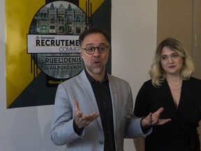 Plateau-Mont-Royal borough Mayor Luc Rabouin and Kriss Naveteur, the head of the Société de développement commercial Rue Saint-Denis, announced the loosening of the borough's zoning rules on Feb. 5, 2020.