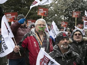 Protesters gather outside the CSDM building on Thursday Feb. 6, 2020. The protest was against the Quebec government's decision to force the adoption of BIll 40, its controversial school-board reform bill.