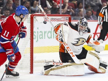 Montreal Canadiens Brendan Gallagher looks for the rebound as Anaheim Ducks John Gibson makes a blocker save during third period of National Hockey League game in Montreal Thursday February 6, 2020.