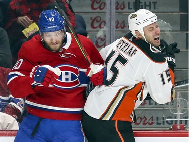 Anaheim Ducks Ryan Getzlaf grimaces after being checked by Montreal Canadiens Joel Armia during third period of National Hockey League game in Montreal Thursday February 6, 2020.