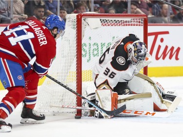 Montreal Canadiens Brendan Gallagher can't squeeze the puck past the goal post as Anaheim Ducks John Gibson closes off the short side of the net during third period of National Hockey League game in Montreal Thursday February 6, 2020.