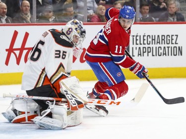 Montreal Canadiens Brendan Gallagher looks back as team-mate Nick Suzuki's shot gets past Anaheim Ducks goalie John Gibson during first period of National Hockey League game in Montreal Thursday February 6, 2020.