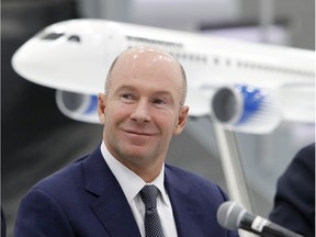 Bombardier CEO Alain Bellemare smiles during a press conference at Bombardier in Montreal on Tuesday February 7, 2017.