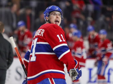 Montreal Canadiens Brendan Gallagher has words for referee Francis Charron as he skates off the ice following his team's 3-2 loss to the Arizona Coyotes during National Hockey League game in Montreal Monday