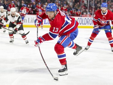 Montreal Canadiens Max Domi takes a shot on goal during third period of National Hockey League game against the Arizona Coyotes in Montreal Monday February 10, 2020.