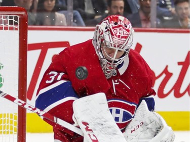 Montreal Canadiens Carey Price makes a save during second period of National Hockey League game against the Arizona Coyotes in Montreal Monday February 10, 2020.