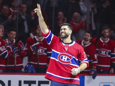 Super Bowl winning Kansas City Chiefs offensive lineman Laurent Duvernay-Tardif waves to the crowd before Montreal Canadiens National Hockey League game against the Arizona Coyotes in Montreal Monday February 10, 2020.