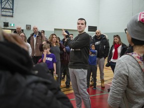 Joey McKitterick, president of Brookwood basketball, speaks to parents and players at a meeting in Pierrefonds, Saturday. McKitterick explained the problems with running the program this year.