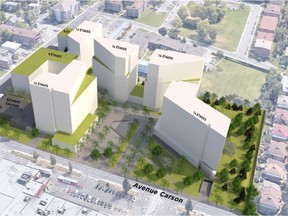 Phase 1 of construction is to be a 14-storey tower, with a green buffer zone adjacent to the neighbouring homes (right). The proposed project also includes three buildings of 16 storeys.