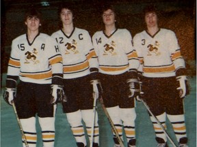 Mario Lemieux, second from left, with Ville-Emard Hurricanes teammates, from left, J.J. Daigneault, Marc Bergevin and Robert Bourdeau during the late 1970s. Marie-France Coallier/Montreal Gazette