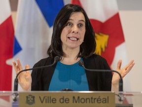 Mayor Valérie Plante, seen in a file photo, says the city will deploy about 40 blue-collar workers to help the city's food banks and urges Montrealers to consider donating time, money or food to Moisson Montréal.