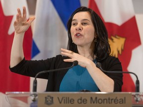 Mayor Valérie Plante held a news conference to talk about changes to the way the Ville Marie borough deals with outdoor terraces and about the city filing a complaint with the Quebec Municipal Commission about the conflict with N.D.G./C.D.N. borough mayor Sue Montgomery in Montreal on Feb. 14, 2020.