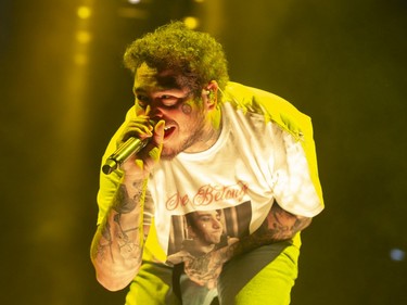 Singer/rapper Post Malone performs in concert at the Bell Centre in Montreal, Feb. 16, 2020.