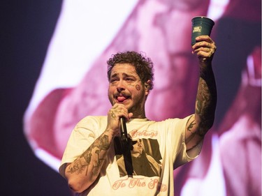 MONTREAL, QUE: February 16, 2020 --  Singer/rapper Post Malone performs in concert at the Bell Centre in Montreal, February 16, 2020.  (Christinne Muschi / MONTREAL GAZETTE)      ORG XMIT: 63957