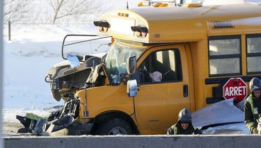 A school bus had its front end ripped in a multi-car accident on Highway 15 West in Laprairie on Wednesday, Feb. 19, 2020.