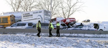 Vehicles stacked up at the scene of a multi-car accident on Highway 15 West in Laprairie on Wednesday, Feb. 19, 2020.