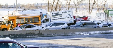 Vehicles stacked up at the scene of a multi-car accident on Highway 15 West in Laprairie on Wednesday, Feb. 19, 2020.