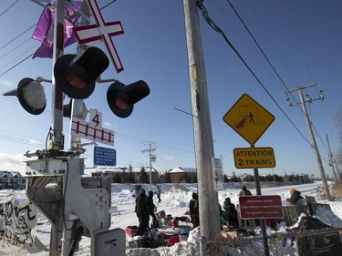 Protesters at blockade on the train tracks in Longueuil near Oak Ave. and St Georges St.