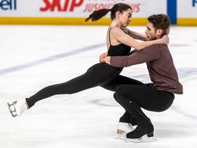 Skate Canada athletes Evelyn Walsh and Trennt Michaud practise at the Bell Centre in Montreal on Monday February 24, 2020 for the World Figure Skating Championships.