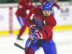 Nathanael Halbert takes a shot during Laval Rocket practice at the Place Bell Sports Complex in Laval on Feb. 25, 2020.