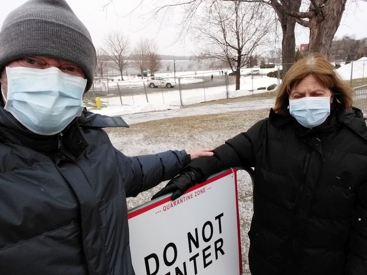  Bryan Doyle and Lucie Mauro try to get outside five or six times a day, wearing the masks and gloves required when they leave their third-floor room, and maintain the required distance of six feet from everyone. Photo courtesy of Bryan Doyle.