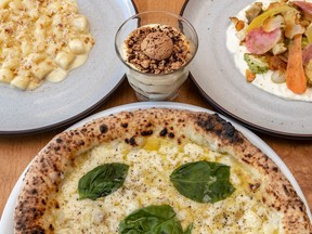 Clockwise from top left: gnocchi, tiramisu, vegetables with burrata,  and cacio e pepe pizza at Antonietta.