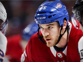 Canadiens centre Andrew Shaw lines up for a faceoff during NHL game against the New York Islanders at the Bell Centre in Montreal on March 21, 2019.