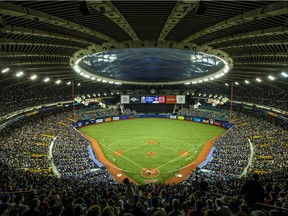 An overall view of the Olympic Stadium during the second inning of exhibition game between the Toronto Blue Jays and the Boston Red Sox in Montreal on April 1, 2016.