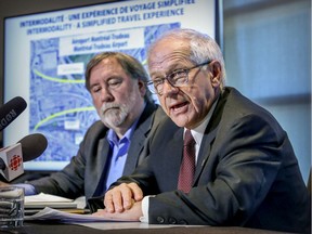 Dorval Mayor Edgar Rouleau, right, accompanied by Francois Pepin of Trajectoire, held a press conference last May to lobby to extend the REM from Trudeau Airport to the transit hub along Highway 20.