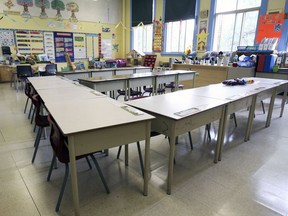An empty Grade 1 classroom.