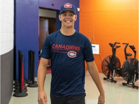 Jesperi Kotkaniemi flashes big smile on the opening day of Canadiens training camp at the Bell Sports Complex in Brossard on Sept. 12, 2019.