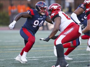 Montreal Alouettes' Fabion Foote pursues the ball carrier during game against the Calgary Stampeders in Montreal on Oct. 5, 2019.