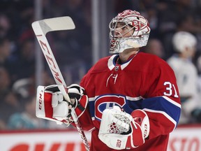 Canadiens goalie Carey Price skates to his net following a break in action during NHL game against the San Jose Sharks at the Bell Centre in Montreal on Oct. 24, 2019.