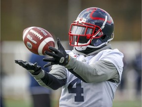 Receiver Quan Bray catches a pass during Montreal Alouettes practice in Montreal Friday November 8, 2019