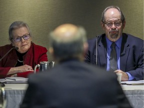 Geoffrey Kelley, chair of APPELE-Québec with vice-chair Joan Fraser listens during Bill 40 hearings in Montreal in November 2019.