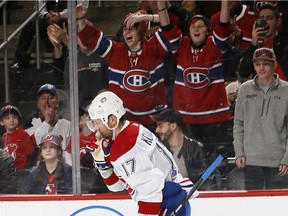 The Canadiens' Ilya Kovalchuk gestures for New Jersey fans to be quiet after scoring the winning goal in a shootout for a 5-4 victory over the Devils at the Prudential Center in Newark, N.J., on Feb. 4, 2020.