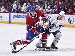 MONTREAL, QC - Toronto Maple Leafs' Andreas Johnsson challenges Canadiens' Brendan Gallagher at the Bell Centre on Saturday, Feb. 8, 2020, in Montreal.
