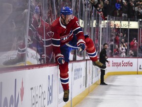 Canadiens' Ilya Kovalchuk celebrates his overtime goal against the Toronto Maple Leafs at the Bell Centre on Saturday, Feb. 8, 2020, in Montrea.