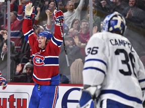 Maple Leafs goaltender Jack Campbell looks on as Canadiens' Ilya Kovalchuk celebrates his overtime goal at the Bell Centre on Saturday, Feb. 8, 2020, in Montreal.