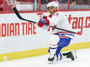 Canadiens' Max Domi celebrates his first- period goal and second of the game against the Senators at Canadian Tire Centre on Saturday, Feb. 22, 2020, in Ottawa.