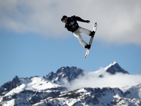 Quebecer Laurie Blouin goes over a jump during the Women's Snowboard Slope Style Qualifications at the 2020 U.S. Grand Prix at Mammoth Mountain on Jan. 30, 2020. in Mammoth, Calif.