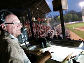 Former Expos French-language radio commentator Jacques Doucet provides play-by-play coverage for the Quebec City Capitales on May 25, 2007.