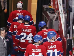 Canadiens goalie Carey Price leads his team off the ice after blowing a 2-0 lead and losing 5-2 to the New York Rangers in NHL game at the Bell Centre in Montreal on Feb. 27, 2020.